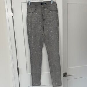 AKIRA Gray Rhinestone-Studded Skinny Jeans